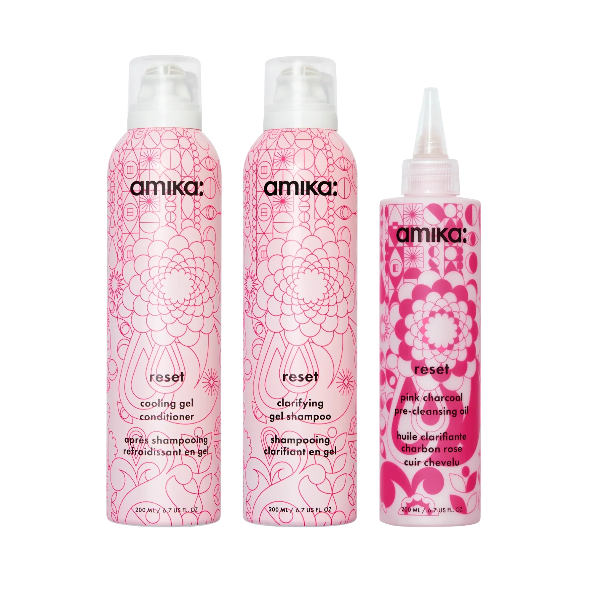 detox set reset clarifying gel shampoo, cooling gel conditioner + pink charcoal scalp cleansing oil