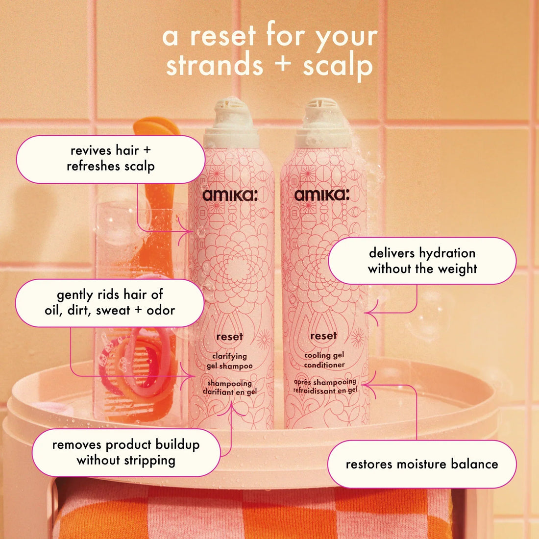 detox set reset clarifying gel shampoo, cooling gel conditioner + pink charcoal scalp cleansing oil