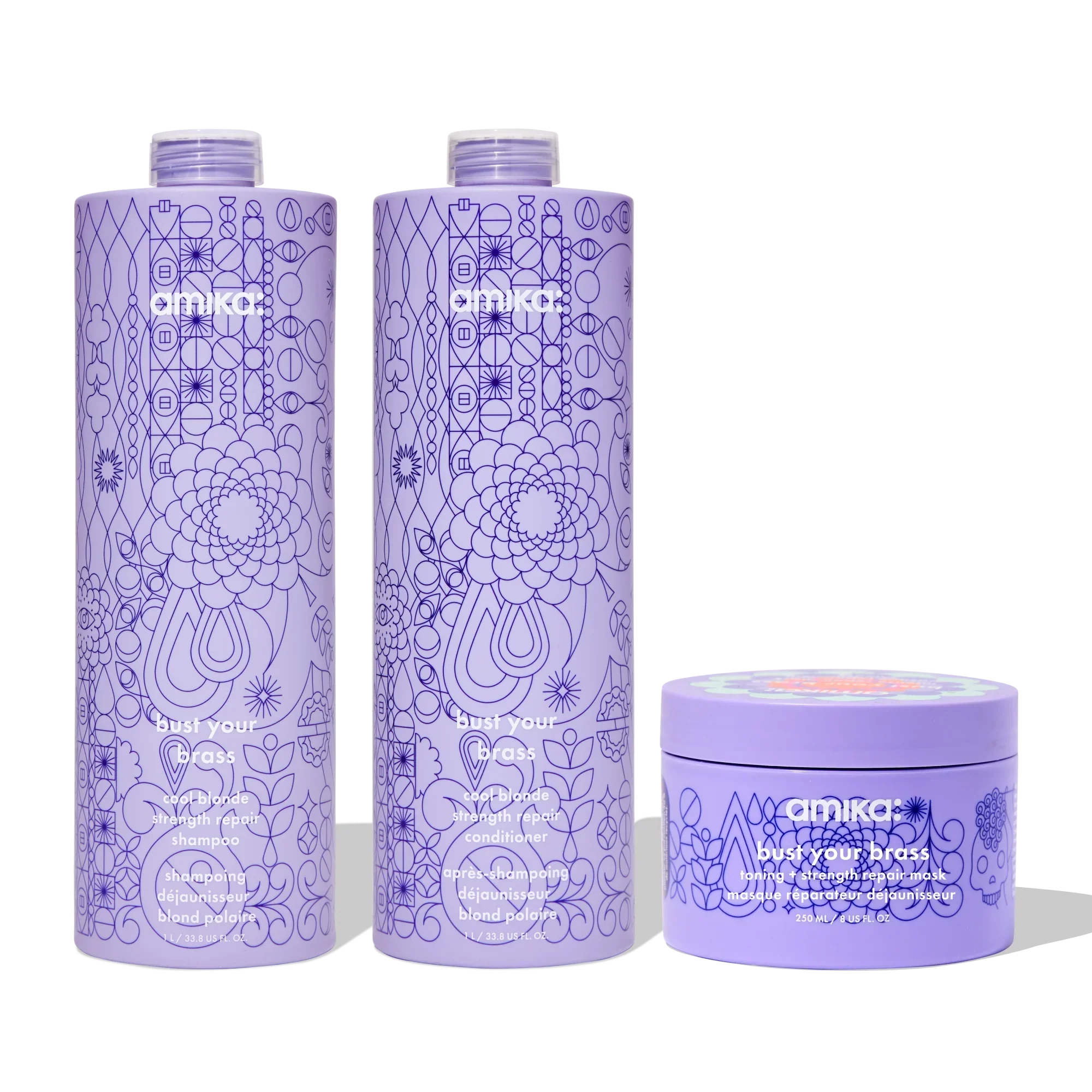 super-sized blonde set bust your brass cool blonde shampoo + conditioner + intense repair hair mask